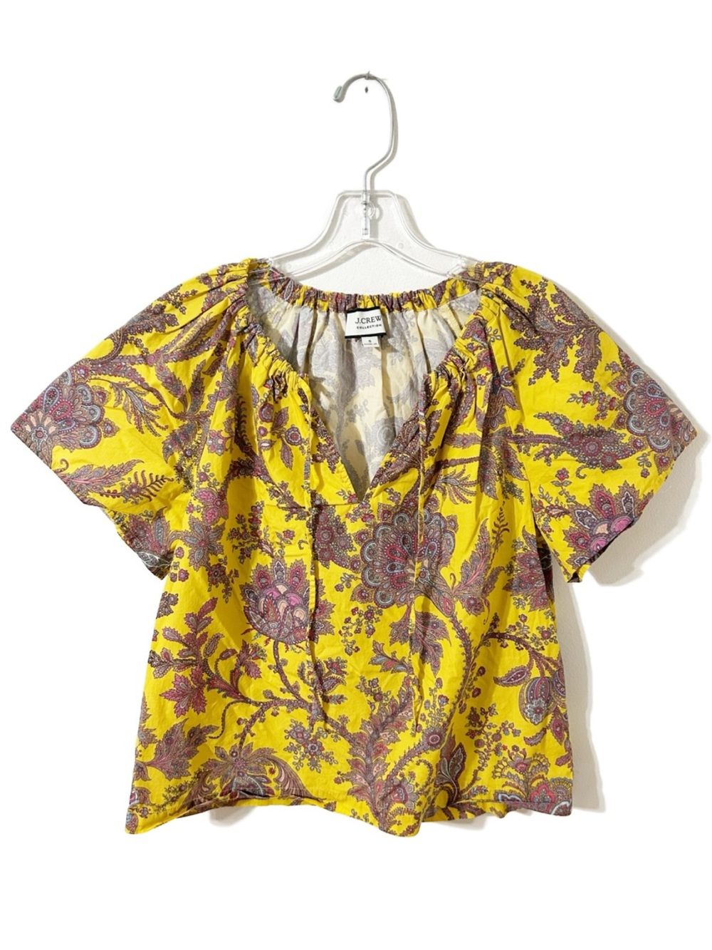 J.CREW Collection Yellow Floral Paisley Short Sleeve Peasant Blouse Size S